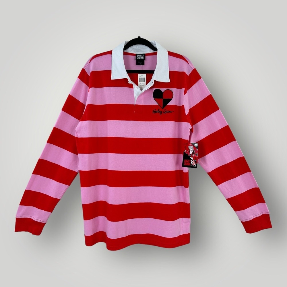 NEW BoxLunch Harley Quinn Striped Shirt Womens Large DC Comics Long Sleeve NWT